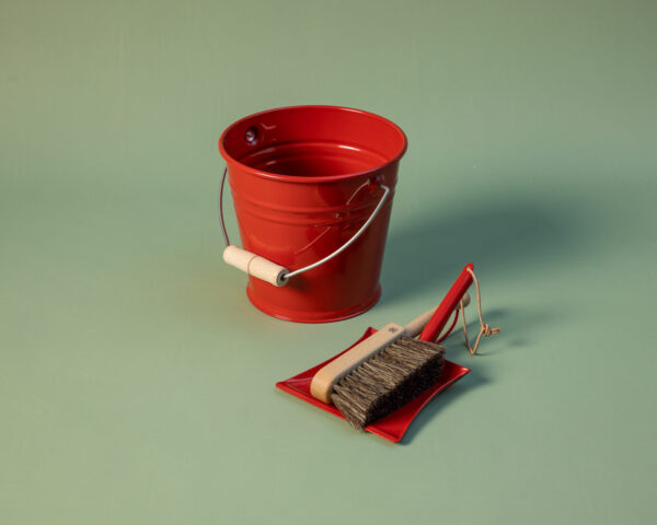 red buckets and dustpan
